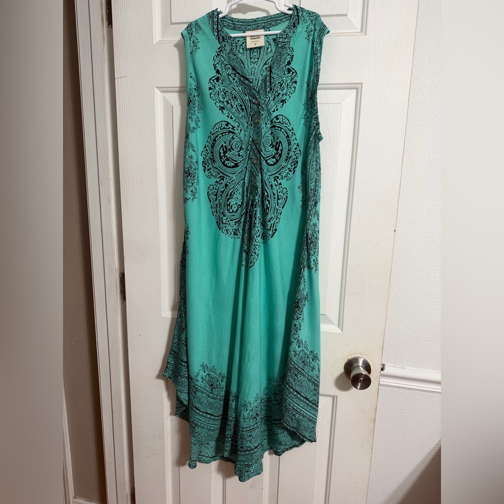 Seven Island Boho Sleeveless Textile Teal and Black Button Down  Dress S
